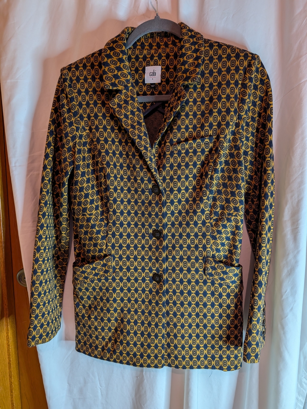 Cabi Standout Blazer Skirt Set S M Mustard Navy Geometric 2 Piece